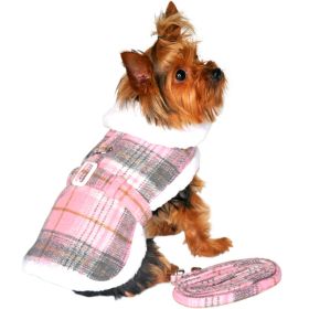 Sherpa-Lined Dog Harness Coat - Pink & White Plaid (size: X-Small)